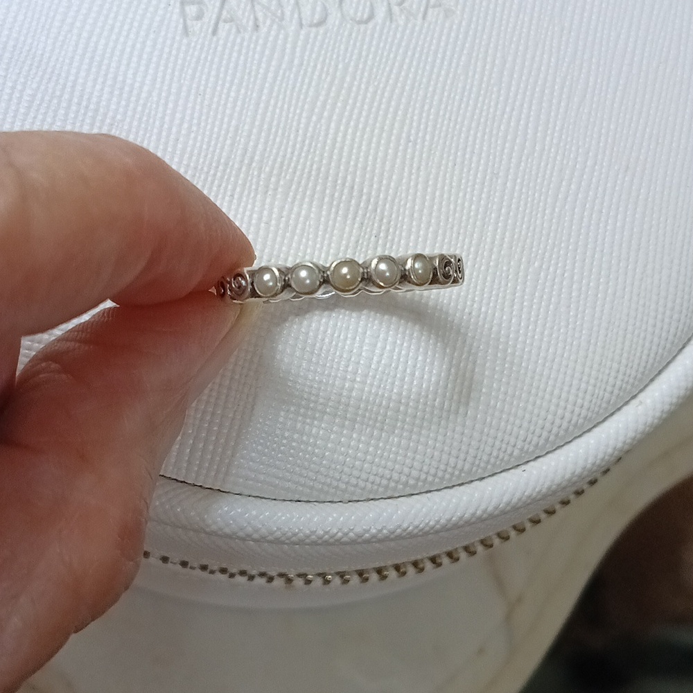 Pandora Vintage Oceans Treasure Stirling Silver and White Pearl Swirl Band Ring